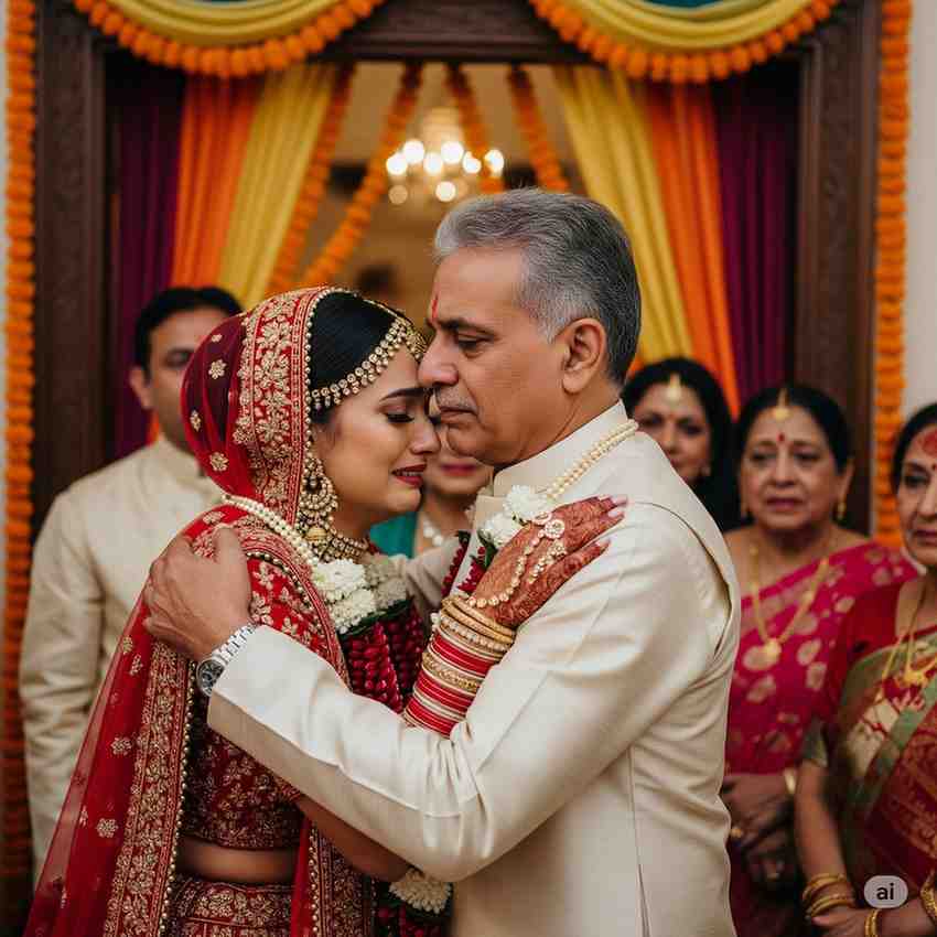 A father lovingly blesses his daughter during her Vidaai, matching the theme of the Beti Daan Geet lyrics.